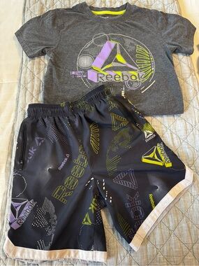 Reebok Boys Gray Tee & Black Shorts Set with Neon Yellow and Purple Accents